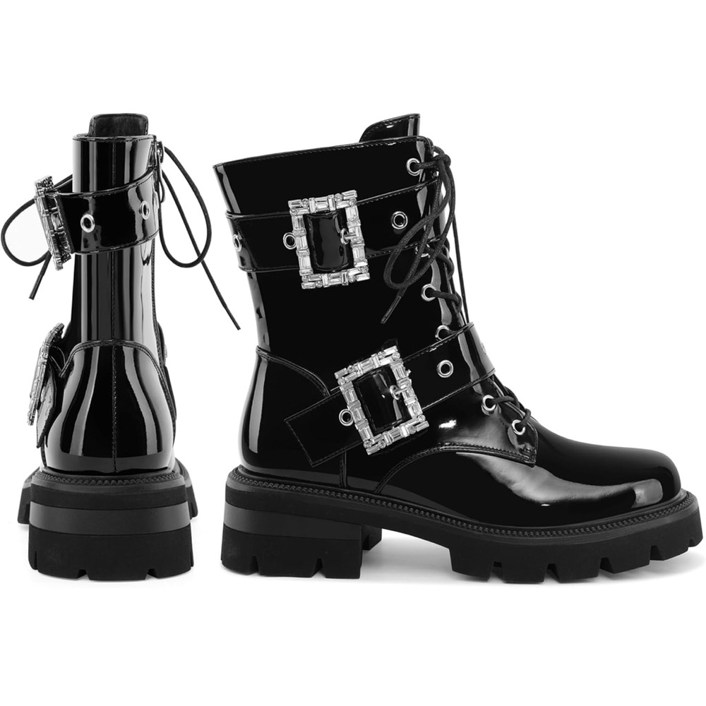 Women’s Patent Black Combat Boots with Buckles + Lace Up
